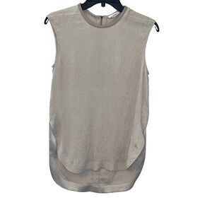 Helmut Lang Womens Tissue Silk Leather Trim High Low Sleeveless Blouse Taupe Pet